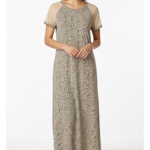 SKINNYGIRL Mix Media Cheetah Dress with Mesh Sleeves/Back, Women’s M,Cream Brown